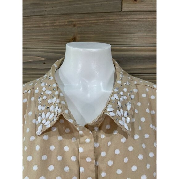 Lane Bryant Button Up Dress Shirt 22 Tan Polka Dot Long Sleeve Beaded Collar - Picture 2 of 7